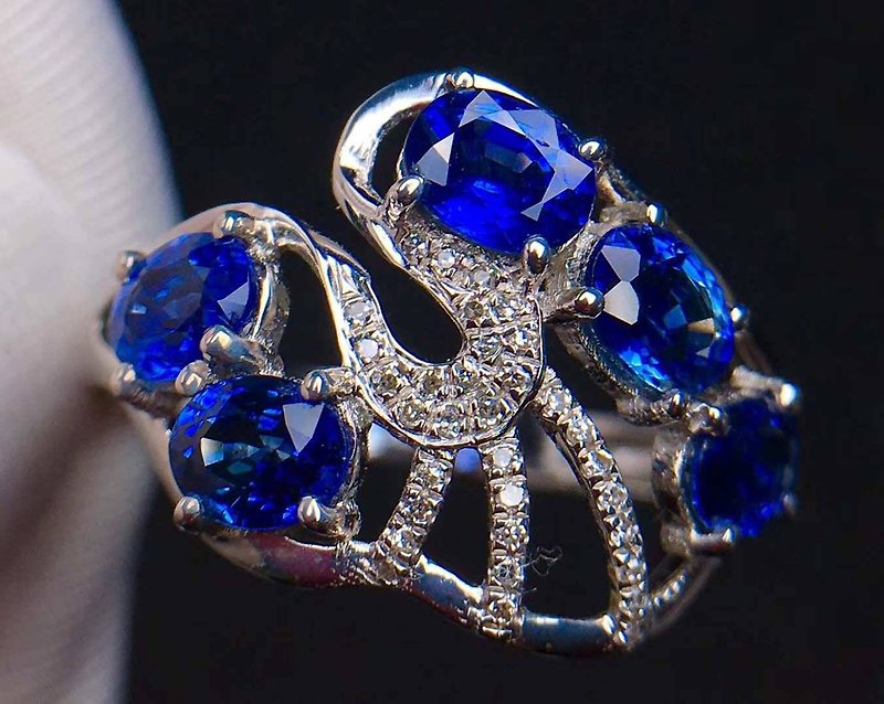 附證書 天然 皇家藍 藍寶石 18k 白金 戒指 尼泊爾 手工製 - 戒指 - 寶石 藍色