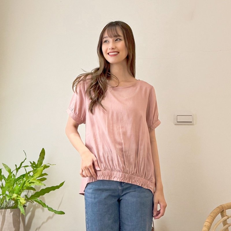 Hana Mokuba 簡約圓領鬆緊下襬上衣 - 女上衣/長袖上衣 - 其他材質 