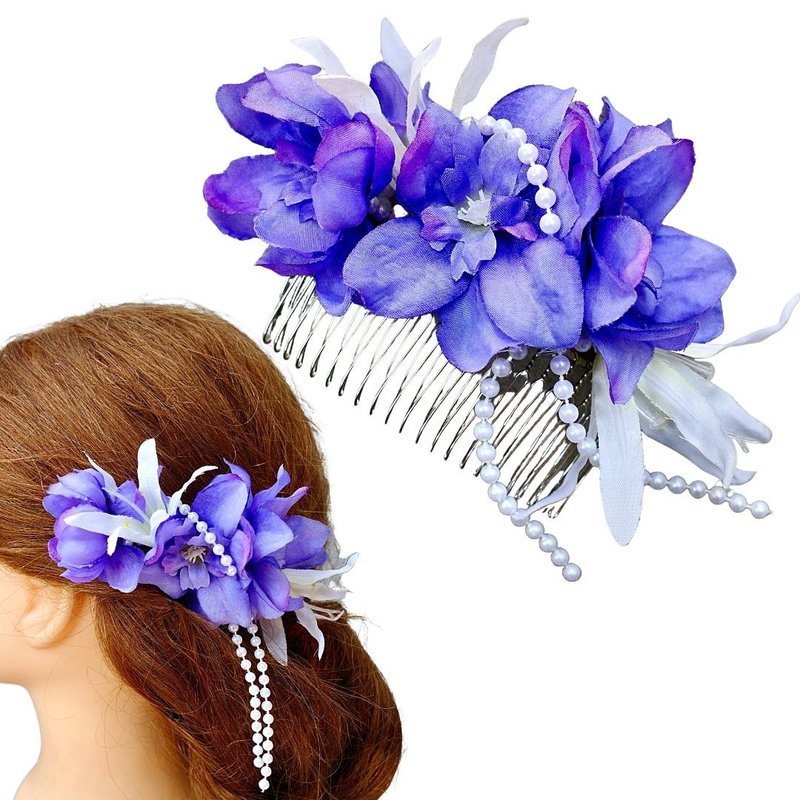 紫花とパールの髪飾り ヘアアクセサリー 和の髪飾り 花嫁 着物髪飾り 造花髪飾り コーム - 髮圈/髮夾 - 其他材質 紫色