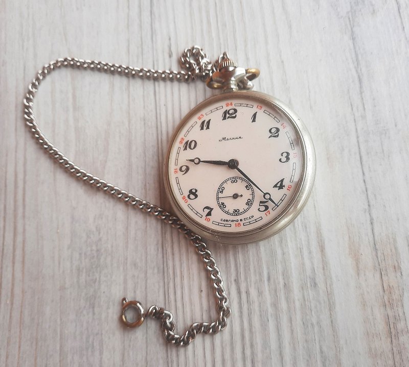 Soviet Molnija pocket watch with chain  – open face wind up pocket watch USSR - นาฬิกาผู้ชาย - วัสดุอื่นๆ 