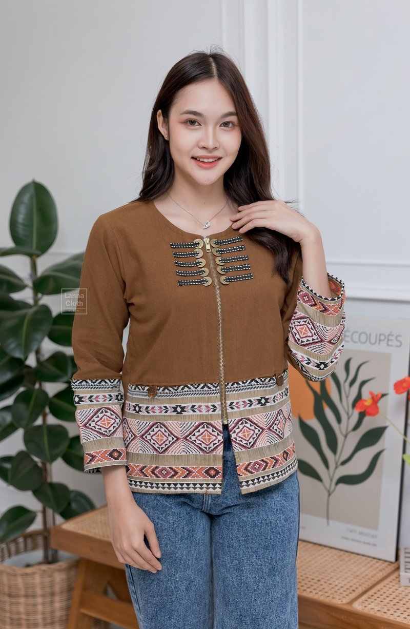 Traditional shirt with long sleeves in golden brown tone Unique design, very bea - Women's Casual & Functional Jackets - Cotton & Hemp 