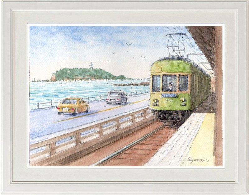 水彩画原画　江ノ電・鎌倉高校前駅ホーム10 - 海報/掛畫/掛布 - 紙 藍色