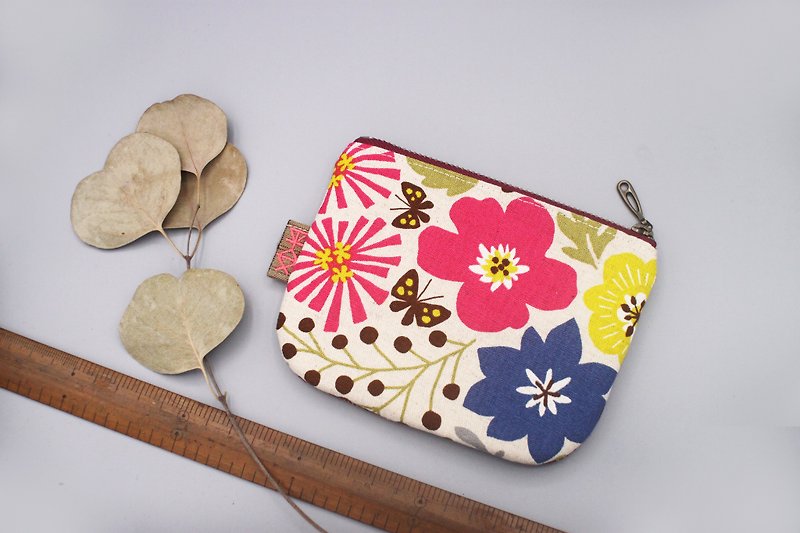 Stock - Ping An Xiao Le - Colorful Garden (Peach) Double-sided two-color small wallet - Wallets - Cotton & Hemp Multicolor