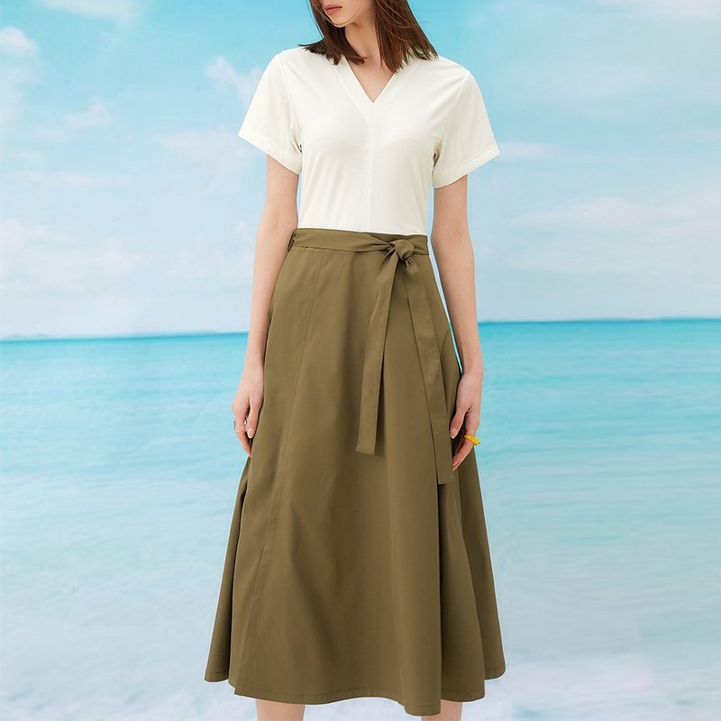 OUWEY sweet and gentle faux two piece waist strap dress (Khaki) 3232327045 - ชุดเดรส - วัสดุอื่นๆ 