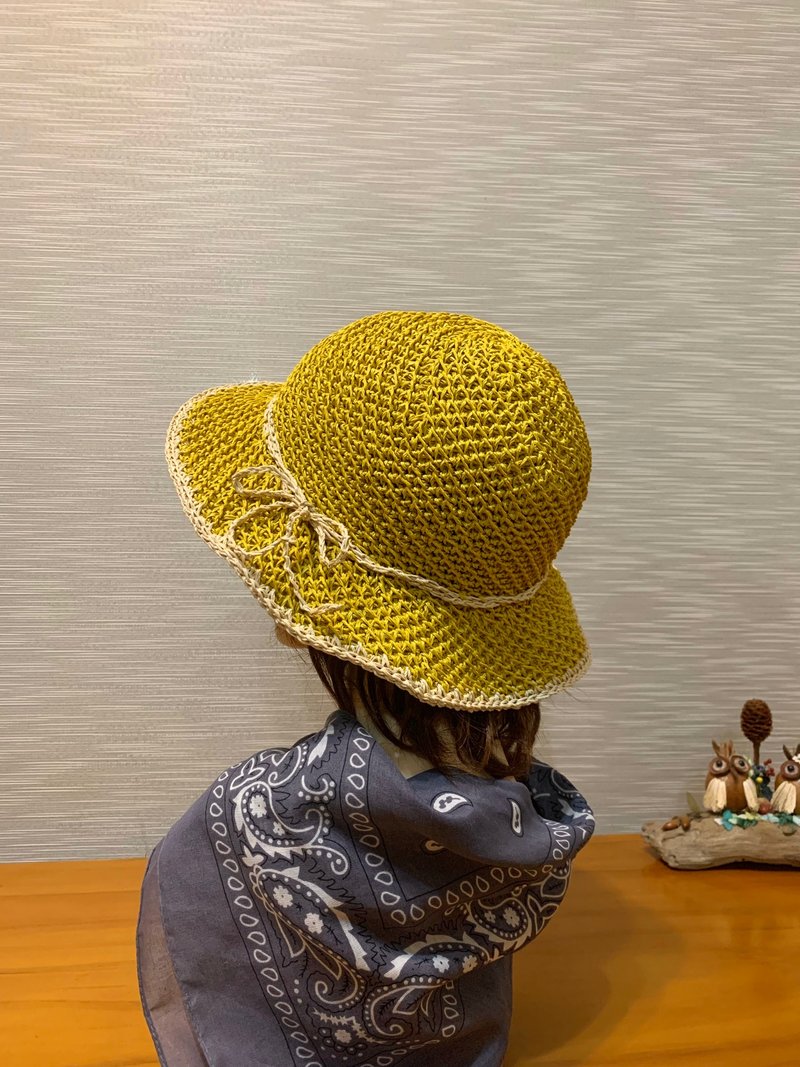 愛上斜紋帽系列。手作。平寬帽檐。日本線材。黃/米/草帽 - 帽子 - 紙 