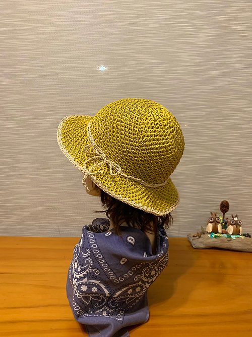 hm98k 走吧！編織 愛上斜紋帽系列。手作。平寬帽檐。日本線材。黃/米
