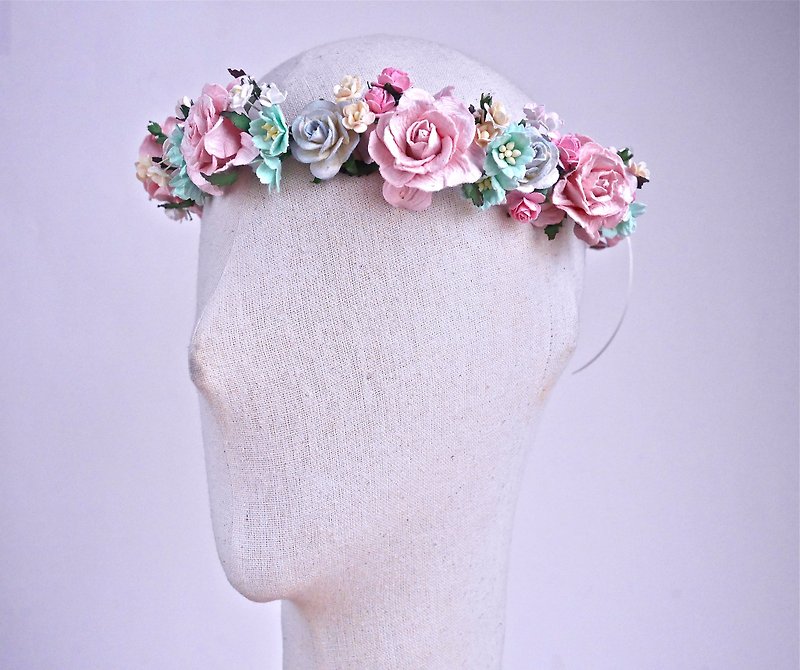 Paper Flower, Bridal flower crown, headband,pink twist roses, mint sakura - Hair Accessories - Paper Pink