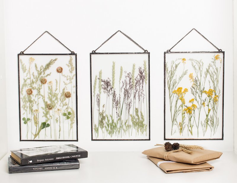 Pressed flowers frames wall art set of 3 wall art framed yellow white wall decor