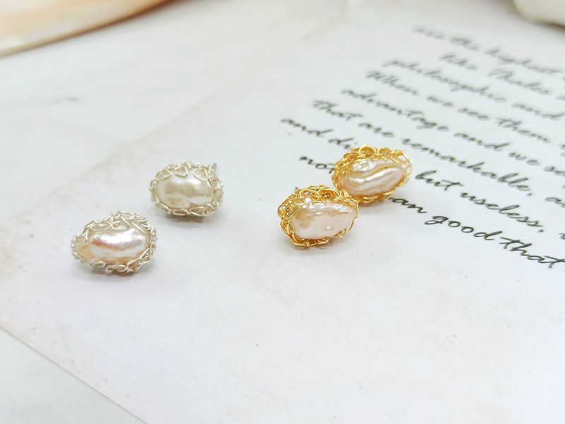 [Metal line outline series] Natural irregular pearl earrings Clip-On earrings gold/silver - Earrings & Clip-ons - Pearl Yellow