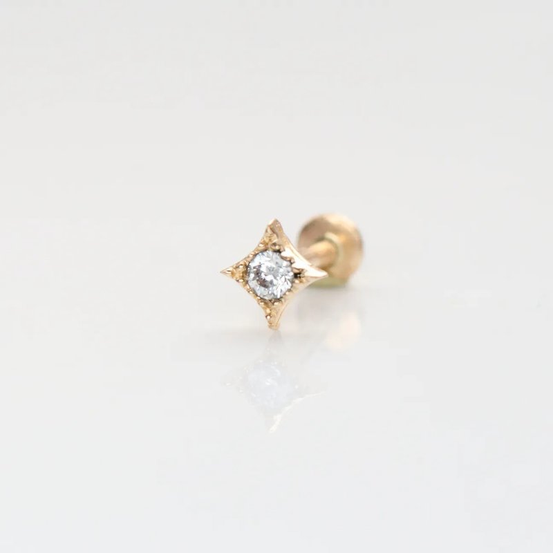 14K 星芒鑽鎖珠耳環 (前鎖 平底 圓餅) _ PL2581 (單個)耳骨 耳窩 - 耳環/耳夾/耳骨夾 - 貴金屬 金色