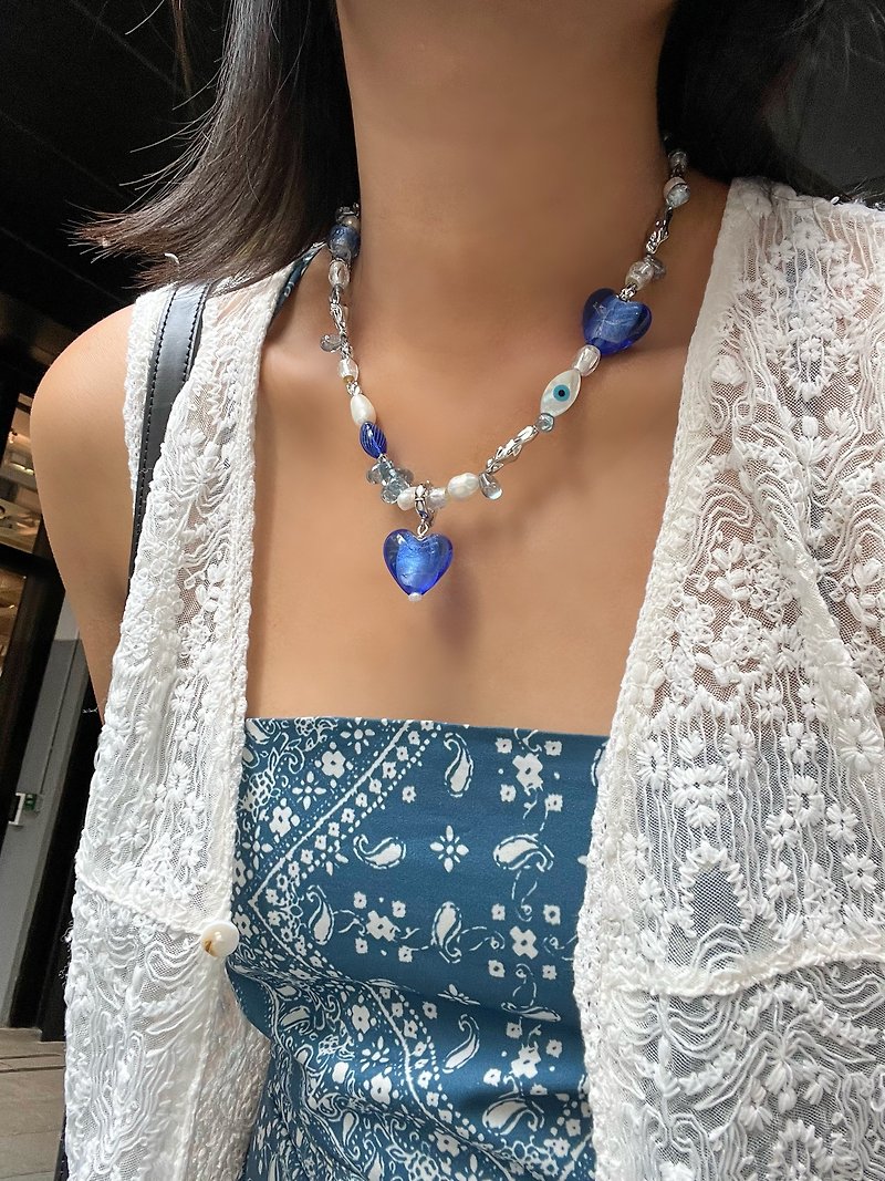 Future sci-fi blue heart and devil eyes silver lava freshwater pearl necklace CHOKER - Chokers - Pearl Blue