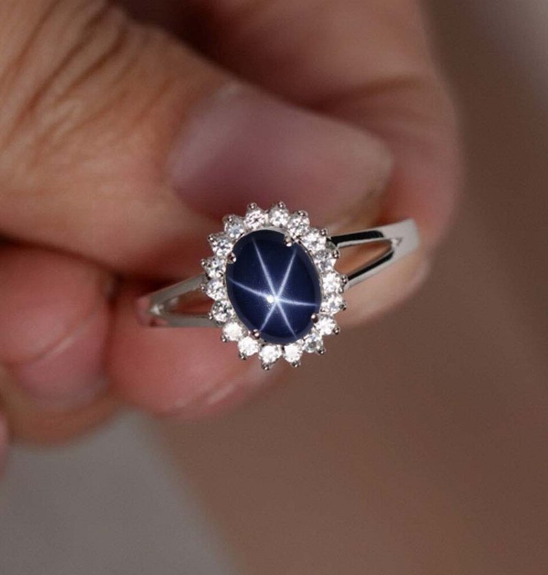 3.28 ct Natural star blue sapphier ring silver sterling size 7.0 free resize - 戒指 - 純銀 藍色