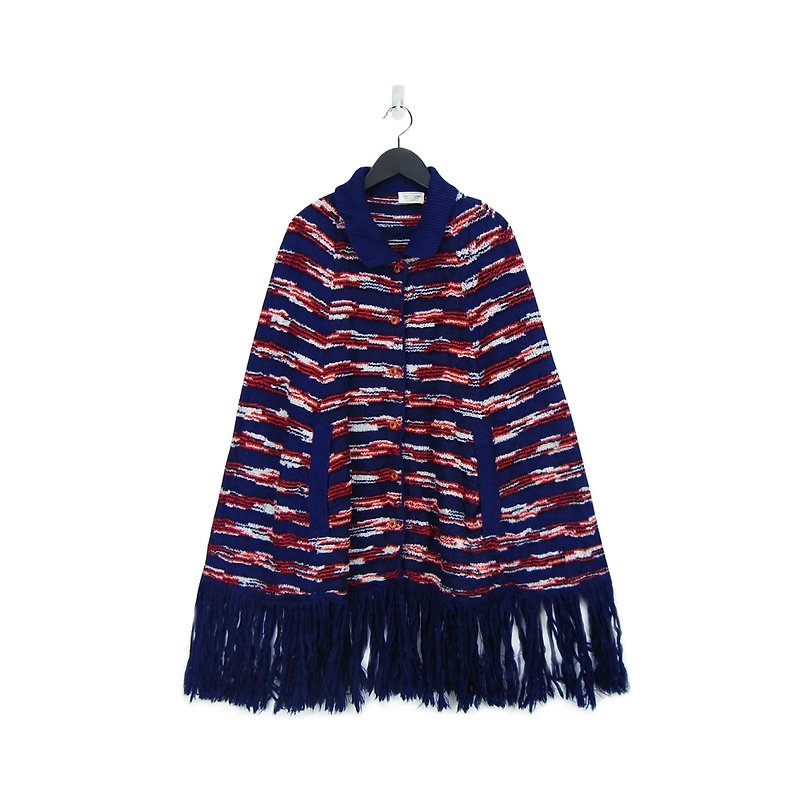 A‧PRANK: DOLLY :: Retro with VINTAGE dark blue stripes lapel row tassel cloak blouse (T712036) - สเวตเตอร์ผู้หญิง - ผ้าฝ้าย/ผ้าลินิน สีน้ำเงิน