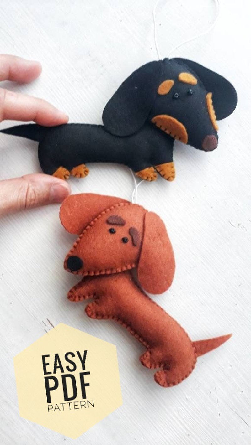 PDFパターンフェルトダックスフント犬飾り、縫製チュートリアル
