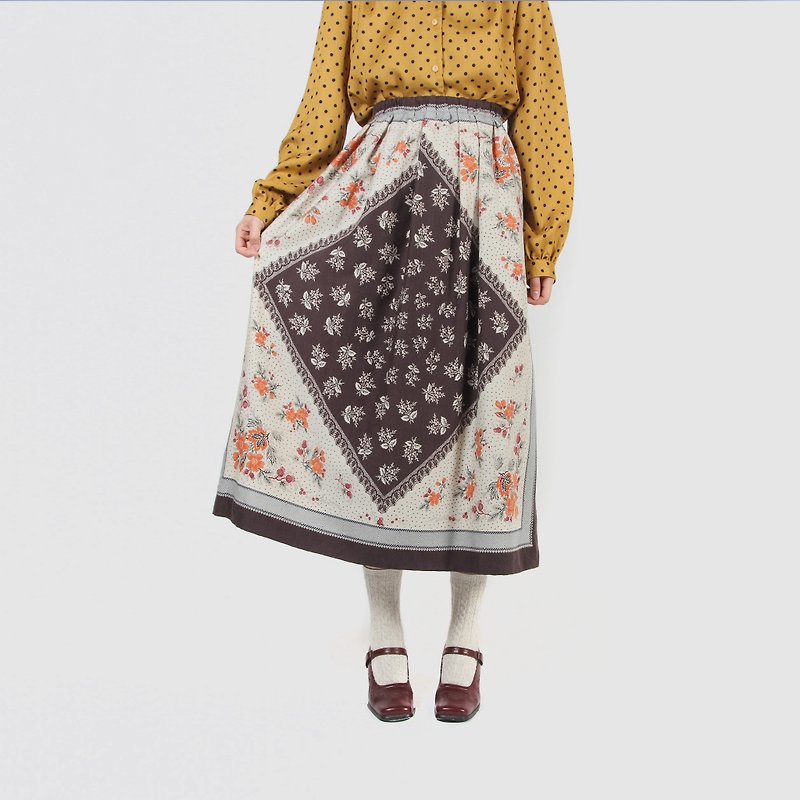 [Egg plant vintage] Polish flower thin wool printing vintage dress - Skirts - Wool 