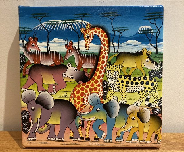 絵画 Tingatinga 20*20 (37) Vintage African Tinga Tinga Oil Painting of a Giraffe by