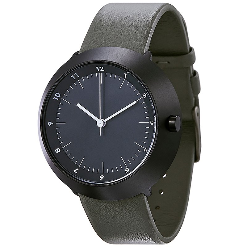 Fuji Normal Fujiyama Watch 43 -ブラック/ホワイト針/グレーグリーン本革ストラップ - 腕時計 ユニセックス - 革 ブラック