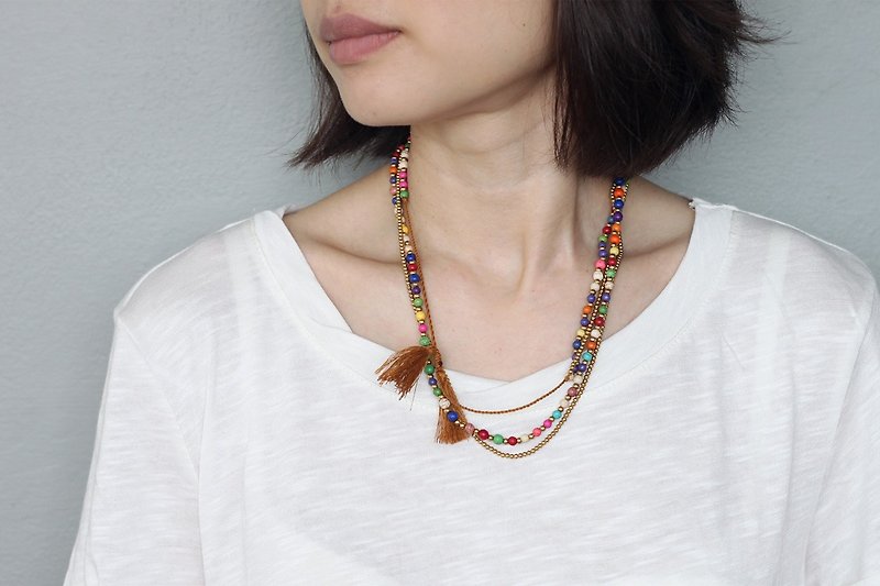 Bright Vivid Color Dyed Stone Necklaces Brass Long Wrap Tassels Necklaces - สร้อยคอ - หิน หลากหลายสี