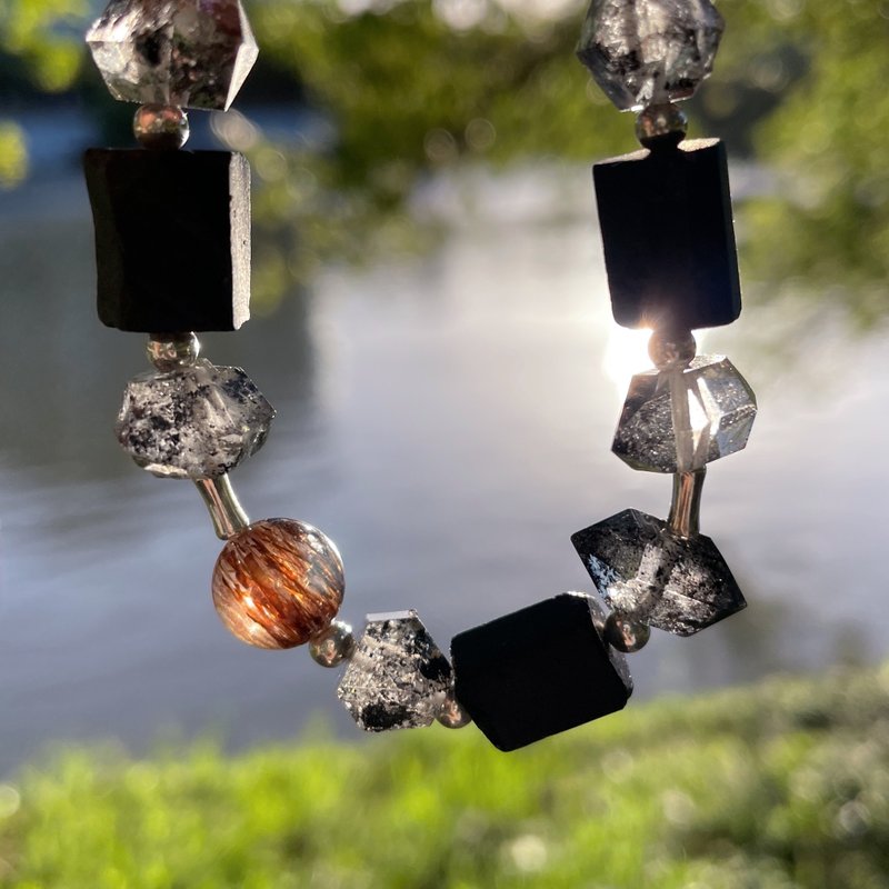 Shining diamond black gold super seven black tourmaline fortune-attracting and villain-proof bracelet - Bracelets - Semi-Precious Stones Black