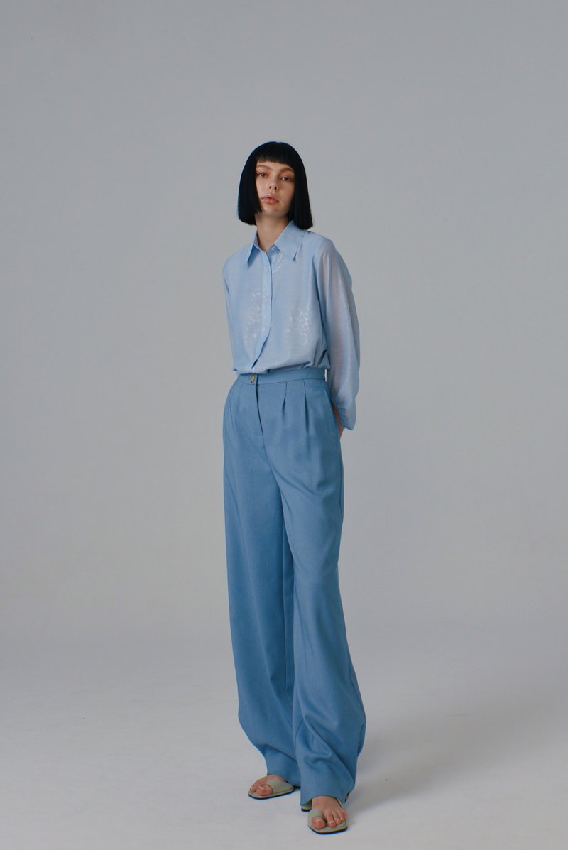 Blue Cocoon-type High Waist Pants - กางเกงขายาว - เส้นใยสังเคราะห์ สีน้ำเงิน