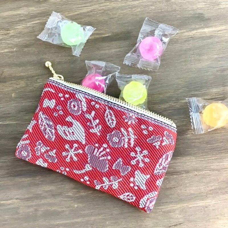 【小鳥と花と・・・】畳縁　ぺたんこ　ミニポーチ　小銭入れ　カードケース　茜色　赤　大人可愛い - 化妝包/收納袋 - 其他材質 紅色