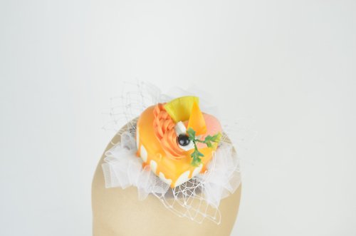 Elle Santos Fascinator Headpiece with Heart Shaped Peach Cream Cake and White Veil