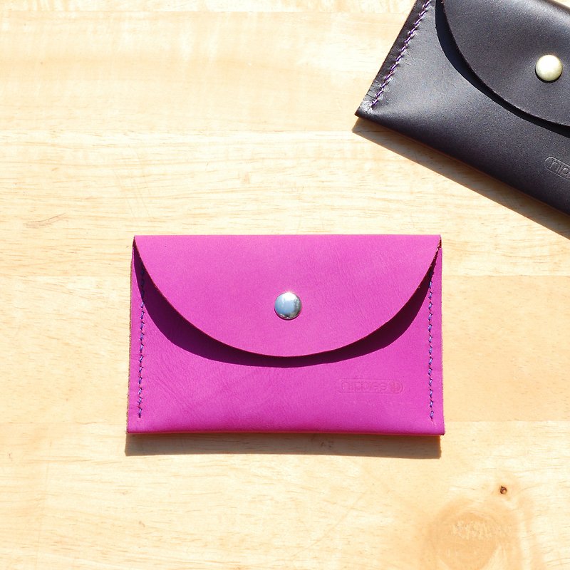 ハンディビジネスカードホルダー/財布 - 革手縫い円（ピンク） - 名刺入れ・カードケース - 革 ピンク