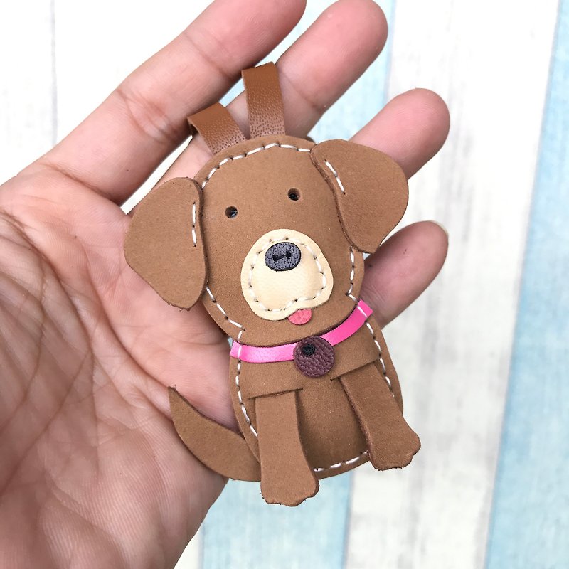 Healing small things brown cute golden retriever dog hand-sewn charm small size - Charms - Genuine Leather Brown