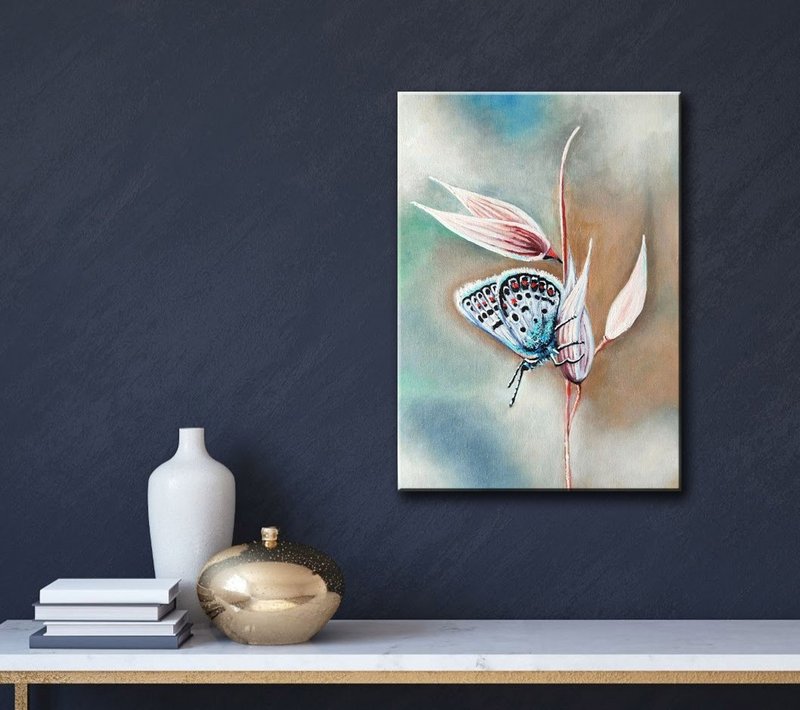掛畫  蝴蝶 Blue Butterfly Painting, Original Art, Handmade Painting 家居裝飾畫 裝飾畫 - 壁貼/牆壁裝飾 - 其他材質 多色