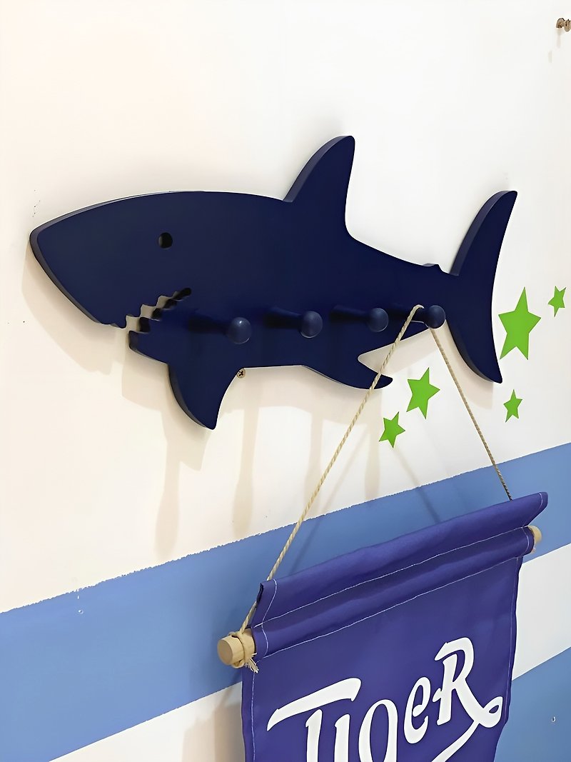 [Customized] Shark hook children's room creative door key storage rack coat and hat hook - Hangers & Hooks - Wood Khaki