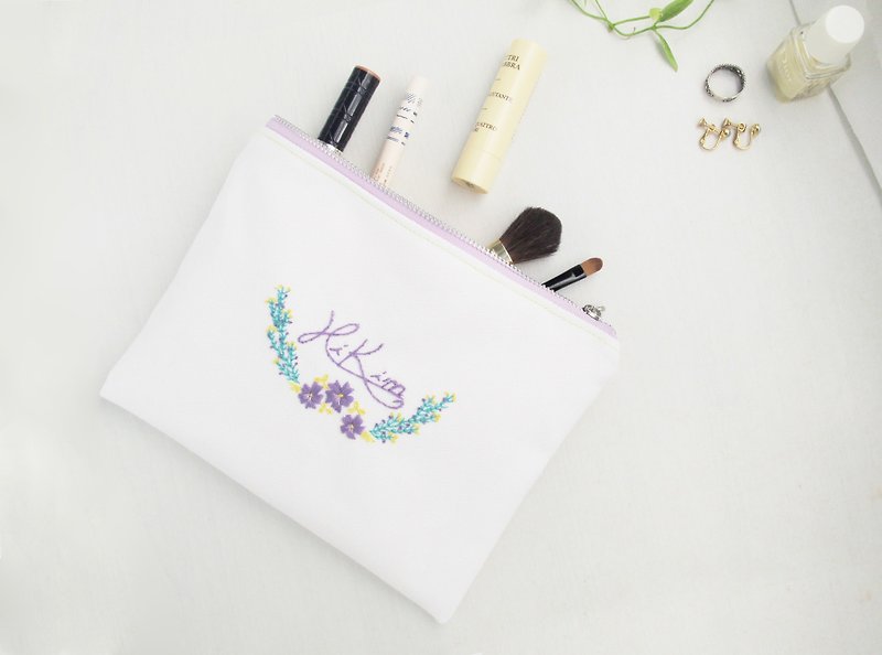 【紫の花】化粧箱/YKKファスナーフラットバッグ クラッチバッグ 手刺繍透明インナー仕切り付き