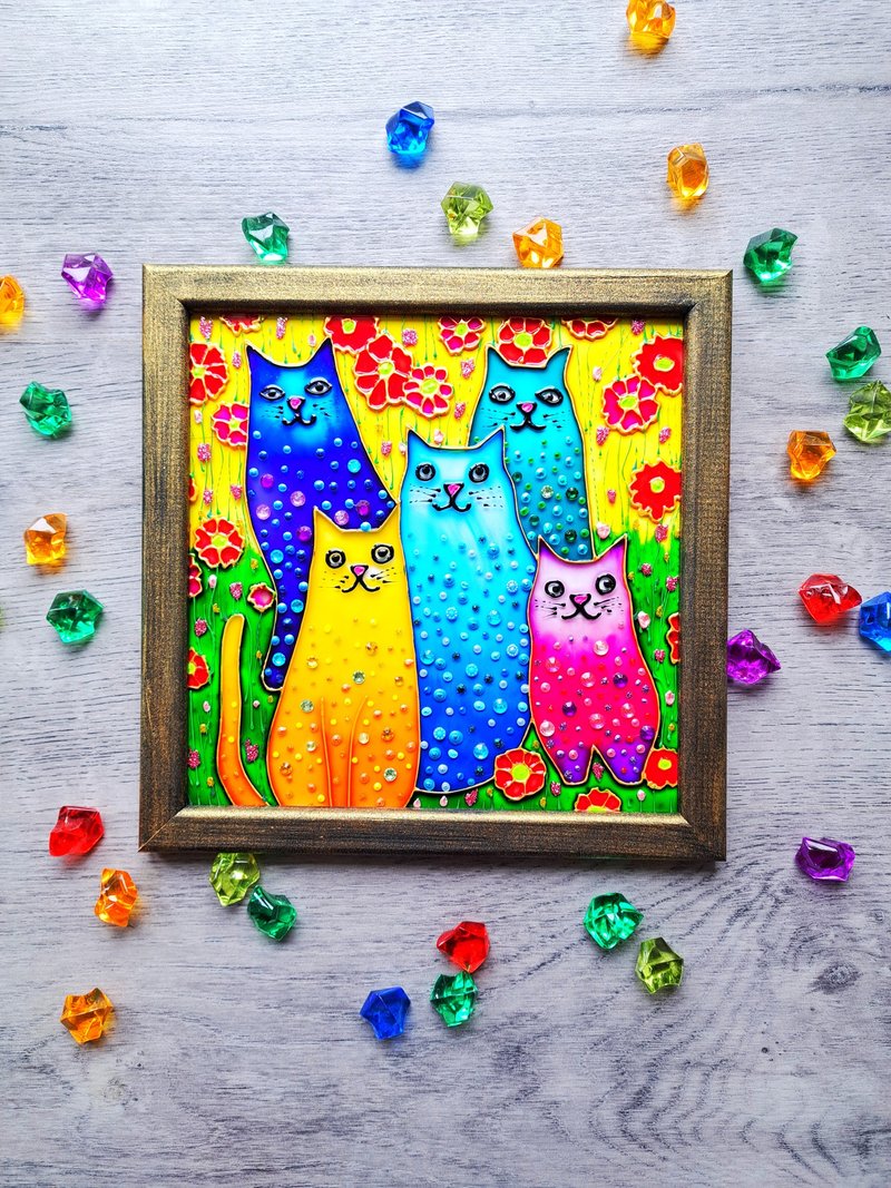 Stained glass painting Cartoon colorful cats Kids room modern decor Wall hanging - Wall Décor - Glass Multicolor