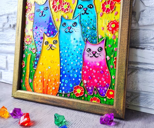 Online CAT PAINTING, Stained glass painting, Colorful cat