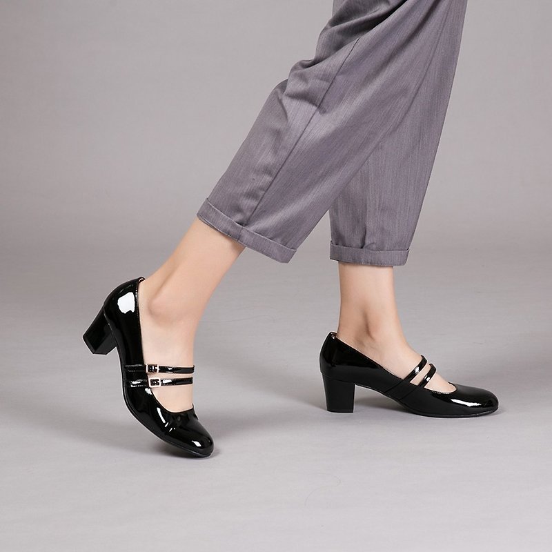 [Miss Dream] double belt full leather Mary Jane shoes _ saturated black - รองเท้าส้นสูง - หนังแท้ สีดำ