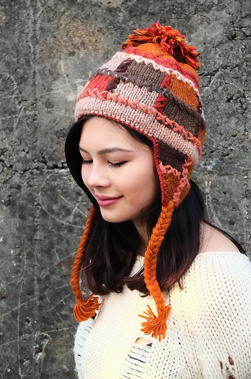 [音楽]は、純粋なウール手織り手編みスキーキャップを打つ温かい手作りネパールで（カラーカバーイヤーキャップ_赤橙色） - 帽子 - ウール ブラウン
