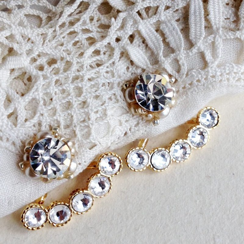 2WAY ★ 14kgf vintage Swarovski back catch Pierce 359 - ต่างหู - แก้ว สีเงิน