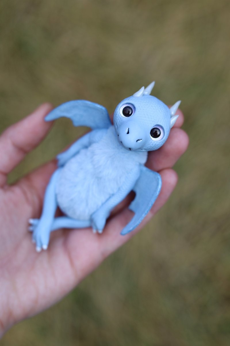 Ice baby dragon, polymer clay doll, plush toy, stuffed dragon, mixed meadia toy - Stuffed Dolls & Figurines - Clay Blue