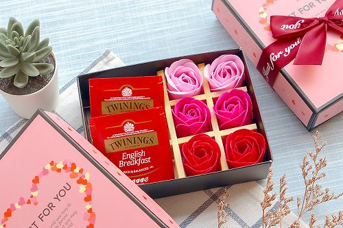幸福朵朵 婚禮小物 花束禮物 唐寧英倫茶包2入+6朵玫瑰香皂花禮盒–紅色