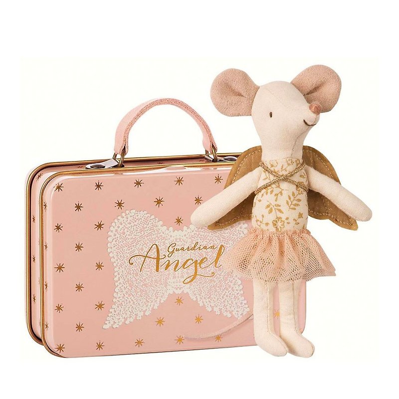 Guardian Angel Big Sister Mouse In Suitcase - Stuffed Dolls & Figurines - Cotton & Hemp Pink