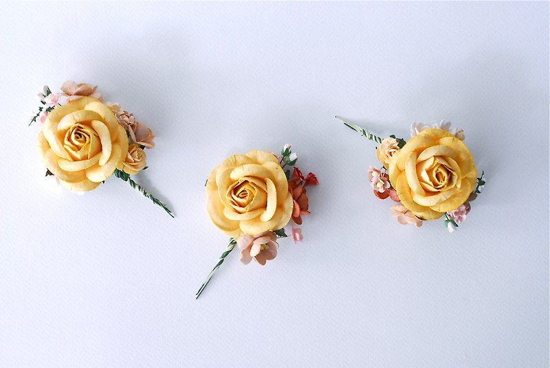 THREE Paper Flower Boutonnière for grooms, wedding, Egg yellow Big roses, Wine&brown Cherry blossom and pink creeping lady. - เข็มกลัด - กระดาษ สีเหลือง