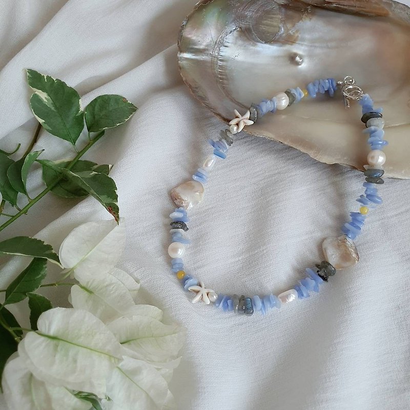 Blue Agate Natural Stone Necklace | Beach Necklace | 100% Handmade - 項鍊 - 寶石 藍色