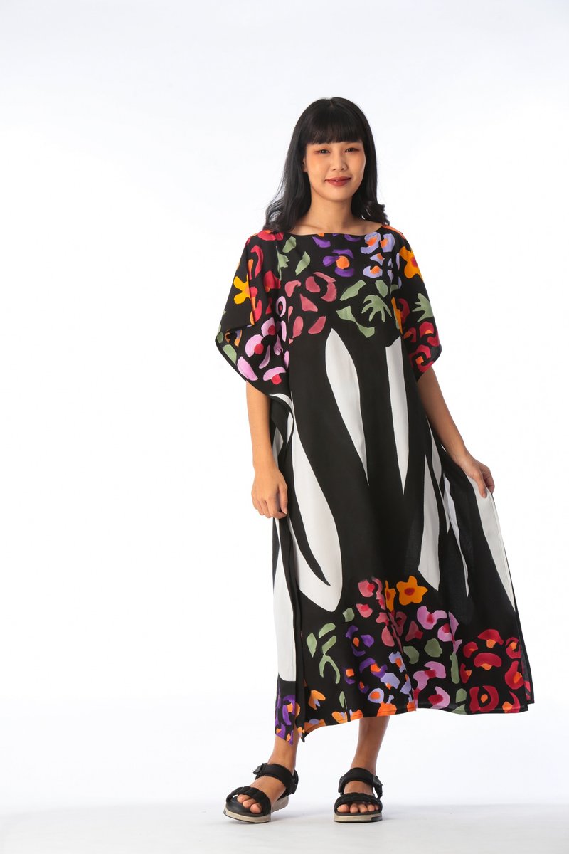 Hand Painted Cotton Silk Kaftan for Summer Resort Vacation F - 洋裝/連身裙 - 棉．麻 多色
