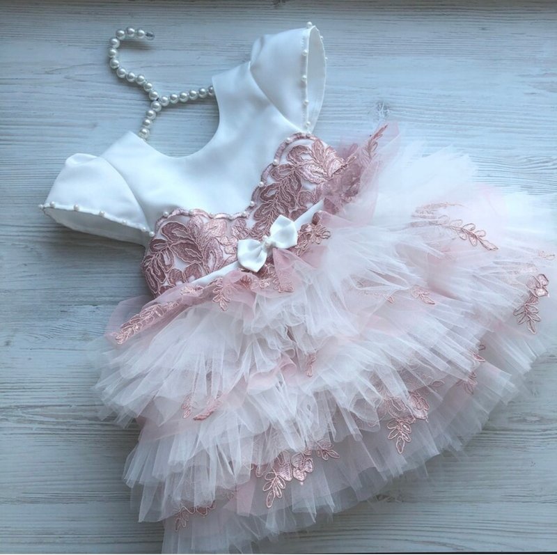 Ivory dress with pink lace for baby girl. First birthday dress. - ชุดเด็ก - วัสดุอื่นๆ 