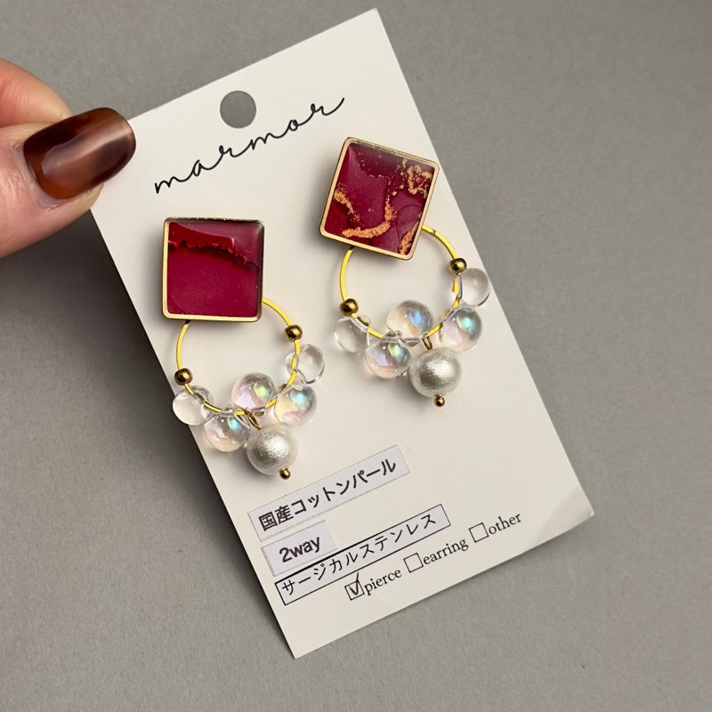 Red Alcohol Ink Art 2way Surgical Stainless Earrings with Aurora Acrylic Beads - 耳環/耳夾 - 樹脂 紅色