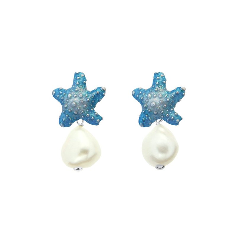 Blue Starfish Nautilus Pearl Earrings Customizable Clip-On - ต่างหู - เงินแท้ สีน้ำเงิน