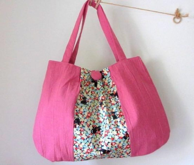 Half linen cat and fluffy soft shoulder bag * Rose pink - กระเป๋าถือ - ผ้าฝ้าย/ผ้าลินิน สึชมพู