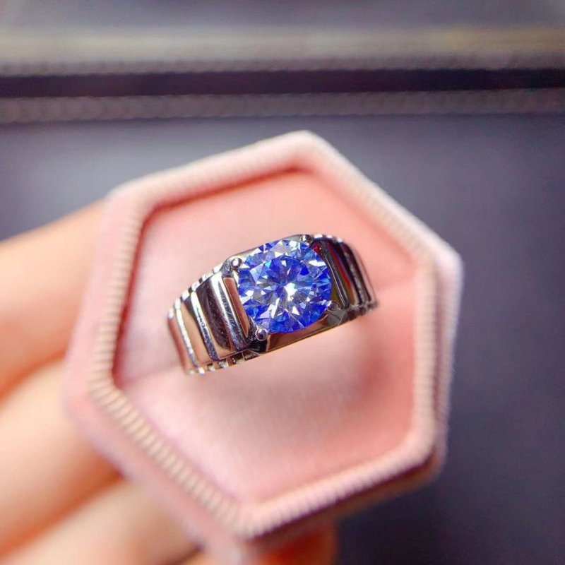 Moissanite Men's Ring, 2 Ct Blue Moissanite Ring, Moissanite Silver Ring - 戒指 - 其他金屬 銀色