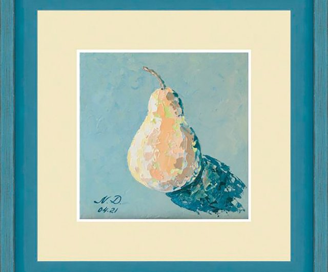 【クローゼット】油絵　原画　一点物　北欧　フルーツ　洋梨　SM 金魚　M8 明るい梨の絵オリジナル油絵静物画 15 × 15 cm フルーツアートワーク