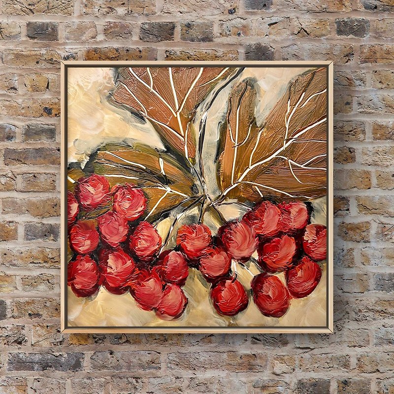 Viburnum berries original oil painting 6 inch Viburnum tree branch leaf wall art - 掛牆畫/海報 - 其他材質 紅色