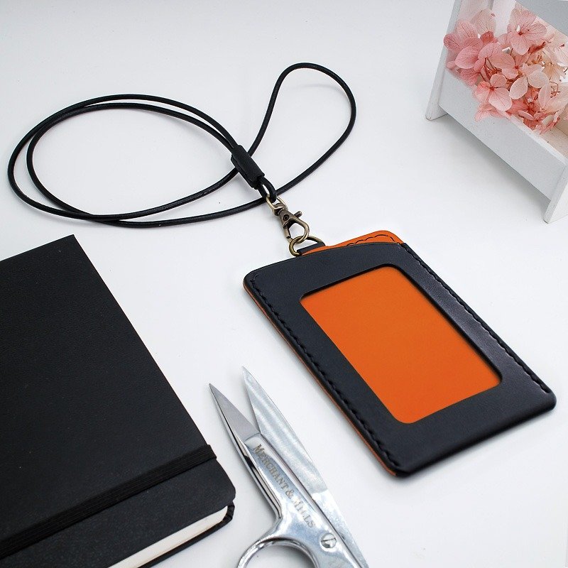 RENEW-black + orange vegetable tanned leather hand-made hand-stitched ID holder, card holder - ID & Badge Holders - Genuine Leather Orange